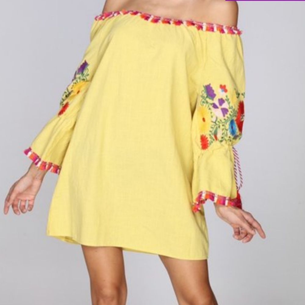 3X Plus Size Velzera Yellow Hobo Hippie Summer Dress Embridered Off Shoulder
